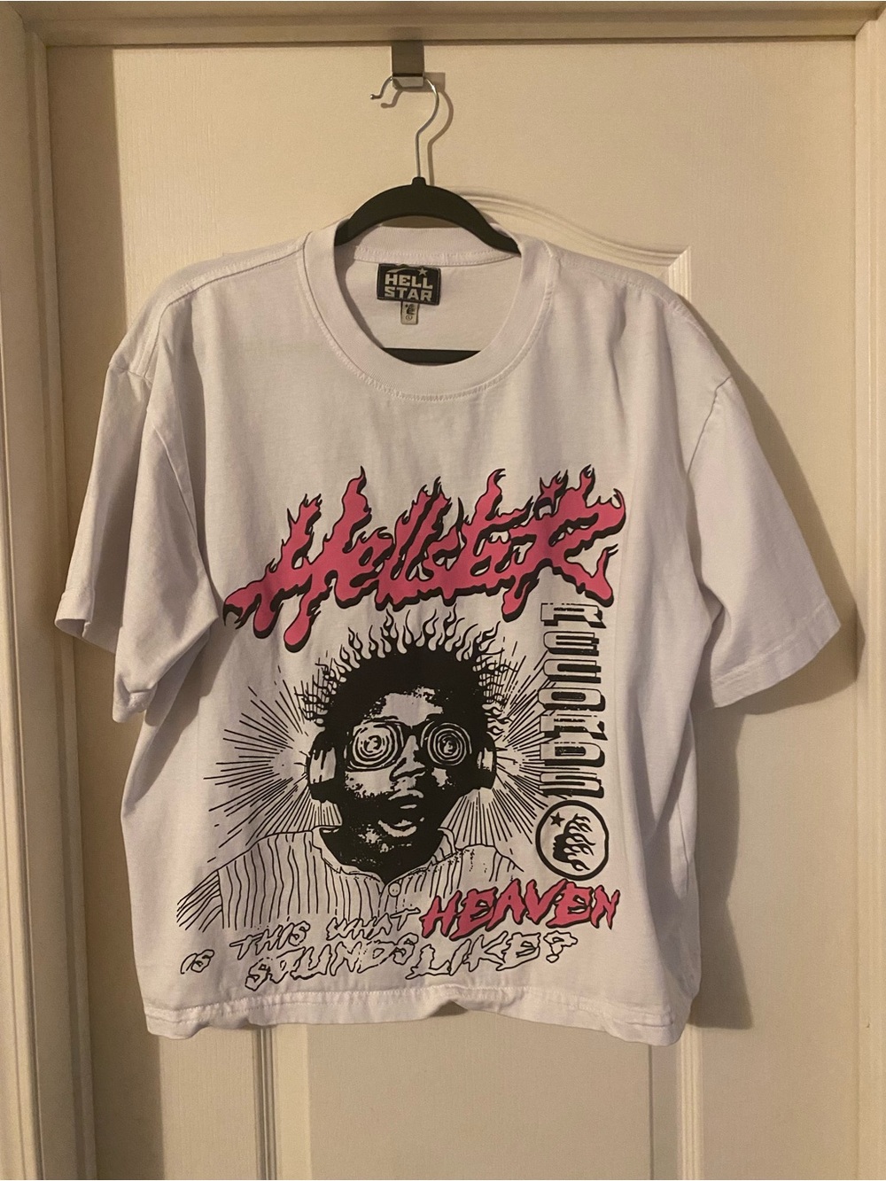 Hellstar White Short Sleeve Graphic Tee with Pink & Black Print